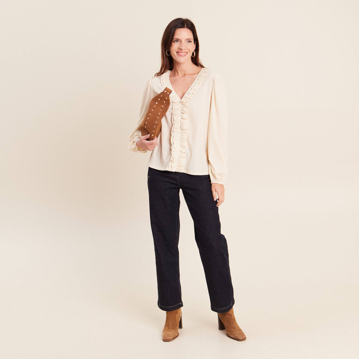 Jean droit taille haute 7/8&egrave;me denim brut femme