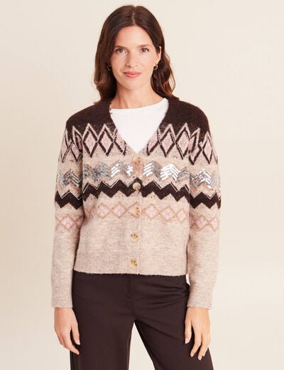 Cardigan jacquard col rond marron femme