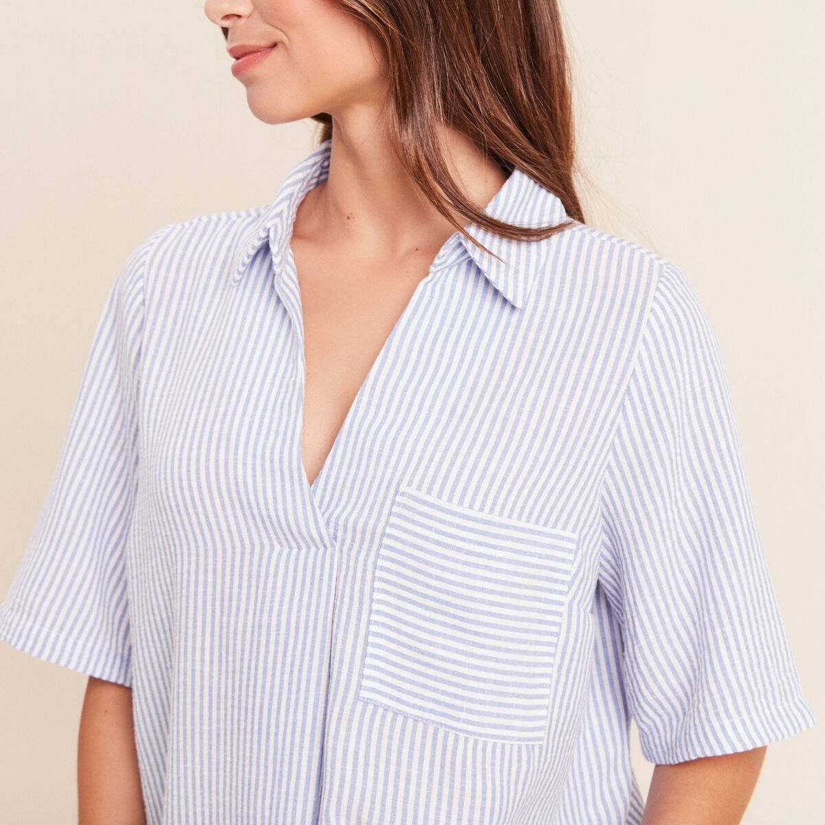 Blouse ample col chemise manches courtes bleu femme