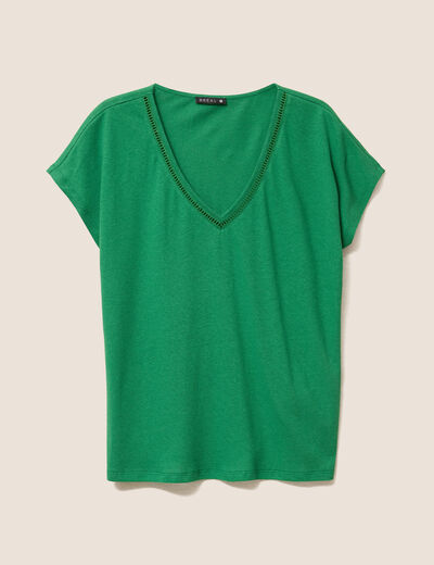 T-shirt col v manches courtes aspect lin vert femme