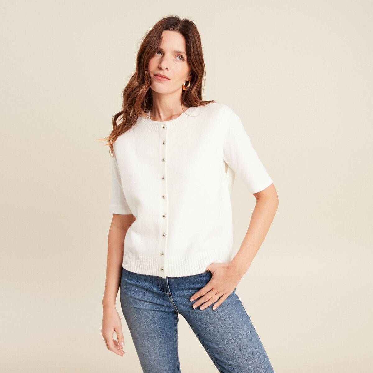 gilet droit court sans manches col rond ecru femme