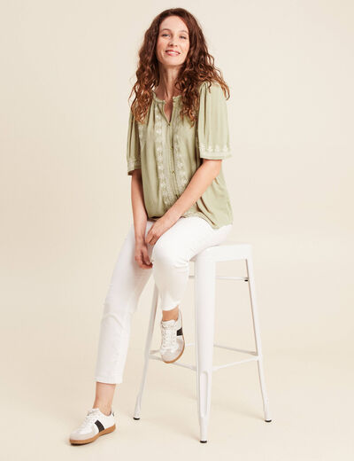 Chemise crêpe broderie col rond vert kaki femme