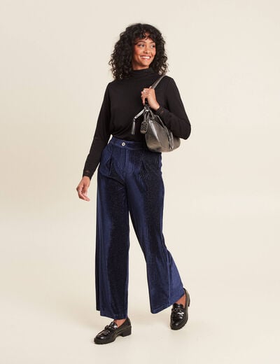 Pantalon large velours bleu fonc&eacute; femme