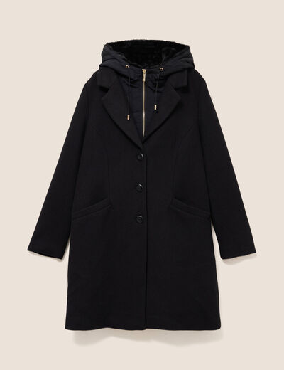 Manteau ajust&eacute; capuche amovible noir femme