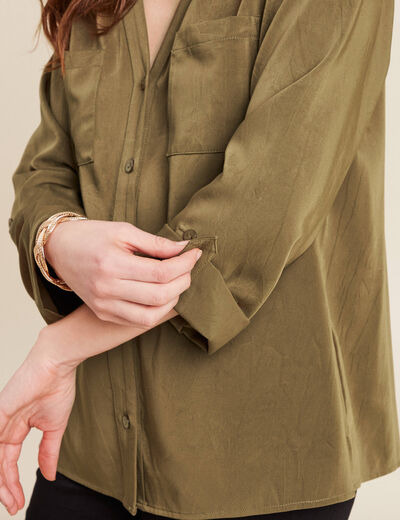 Blouse manches 3/4 à capuche vert olive femme
