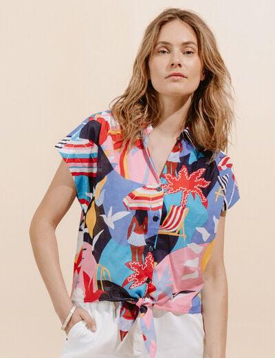 Chemise ample courte &agrave; manches courtes multicolore femme