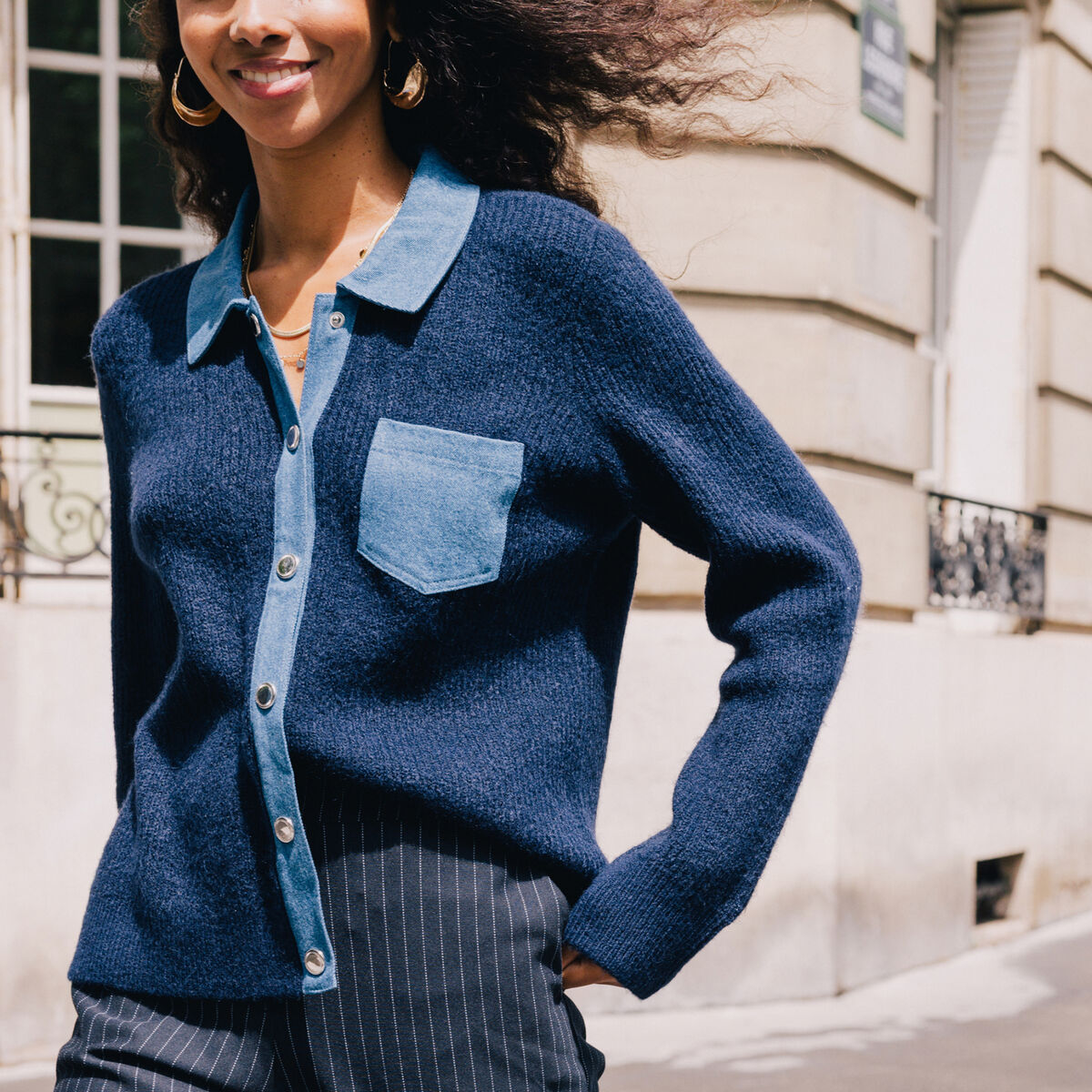 Gilet col chemise manches longues bleu fonc&eacute; femme