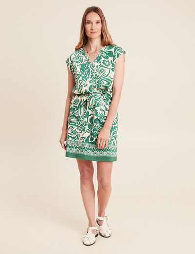 Robe droite courte col V manches courtes ecru femme