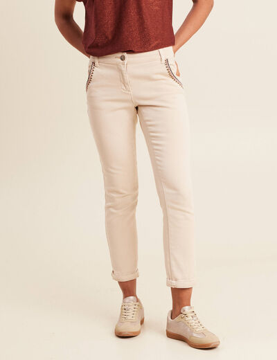 Pantalon chino brodé 7/8ème denim beige femme