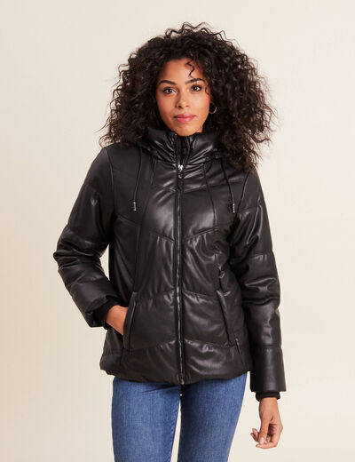 Doudoune à capuche simili cuir noir femme