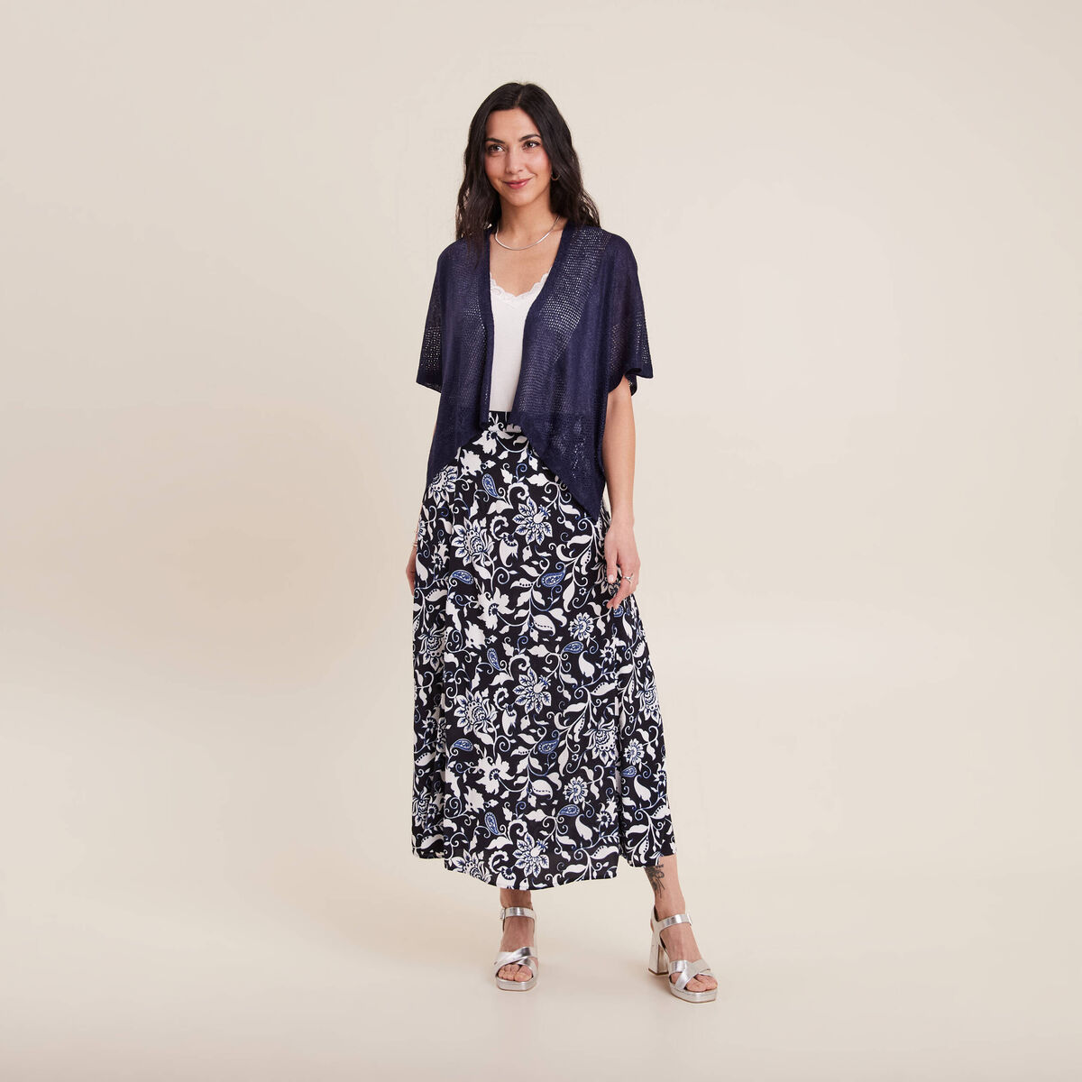Jupe longue évasée bleu foncé femme