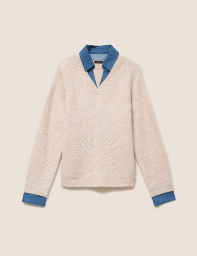 Pull bi-mati&egrave;re col chemise ecru femme