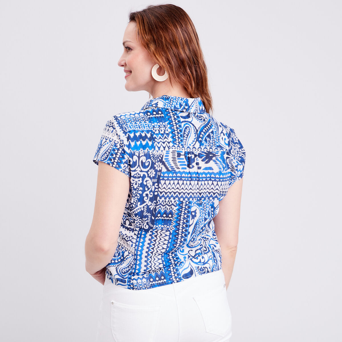 Chemise manches courtes nouée bleu femme