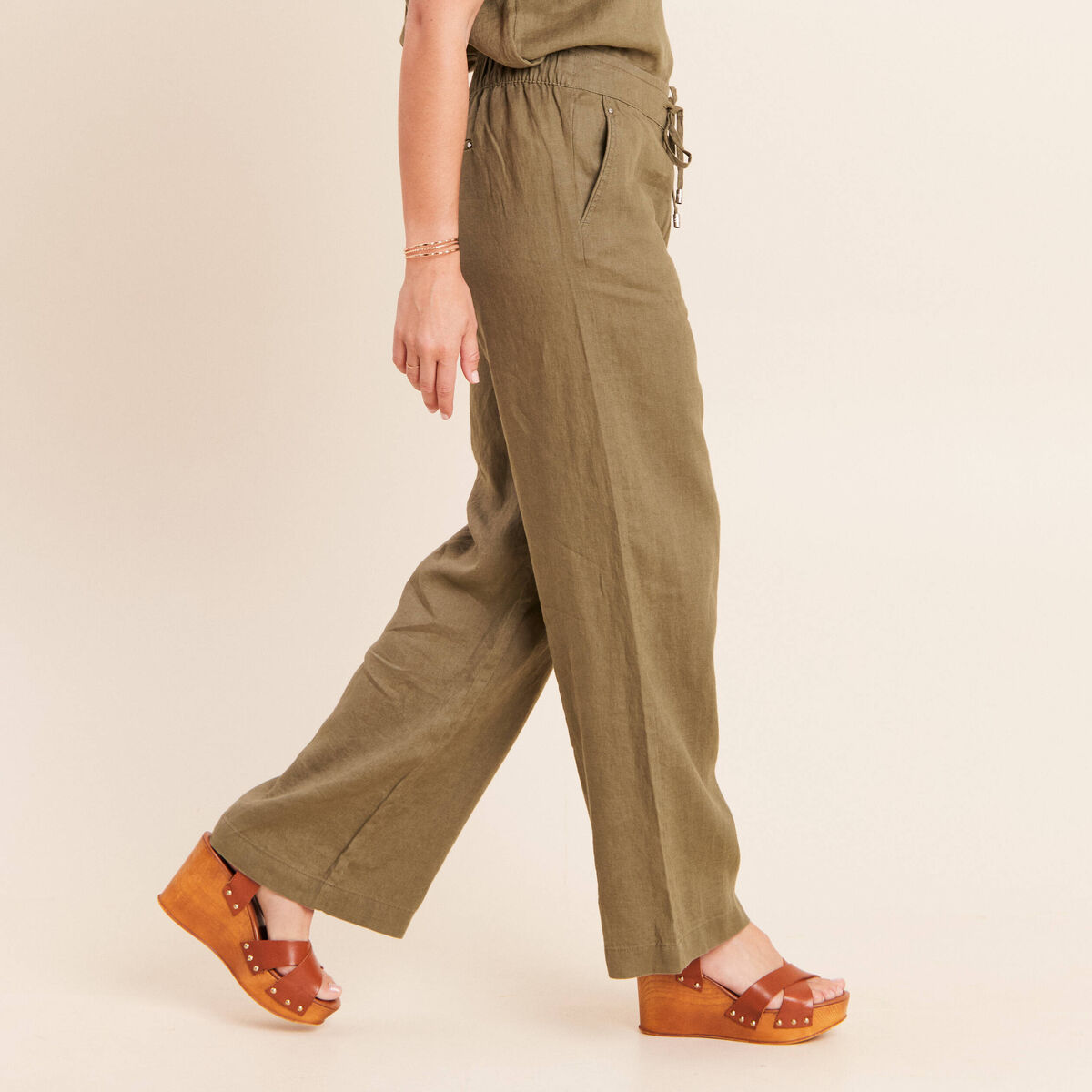 Pantalon large taille haute aspect lin vert kaki femme