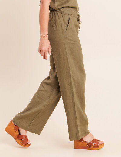 Pantalon large taille haute aspect lin vert kaki femme