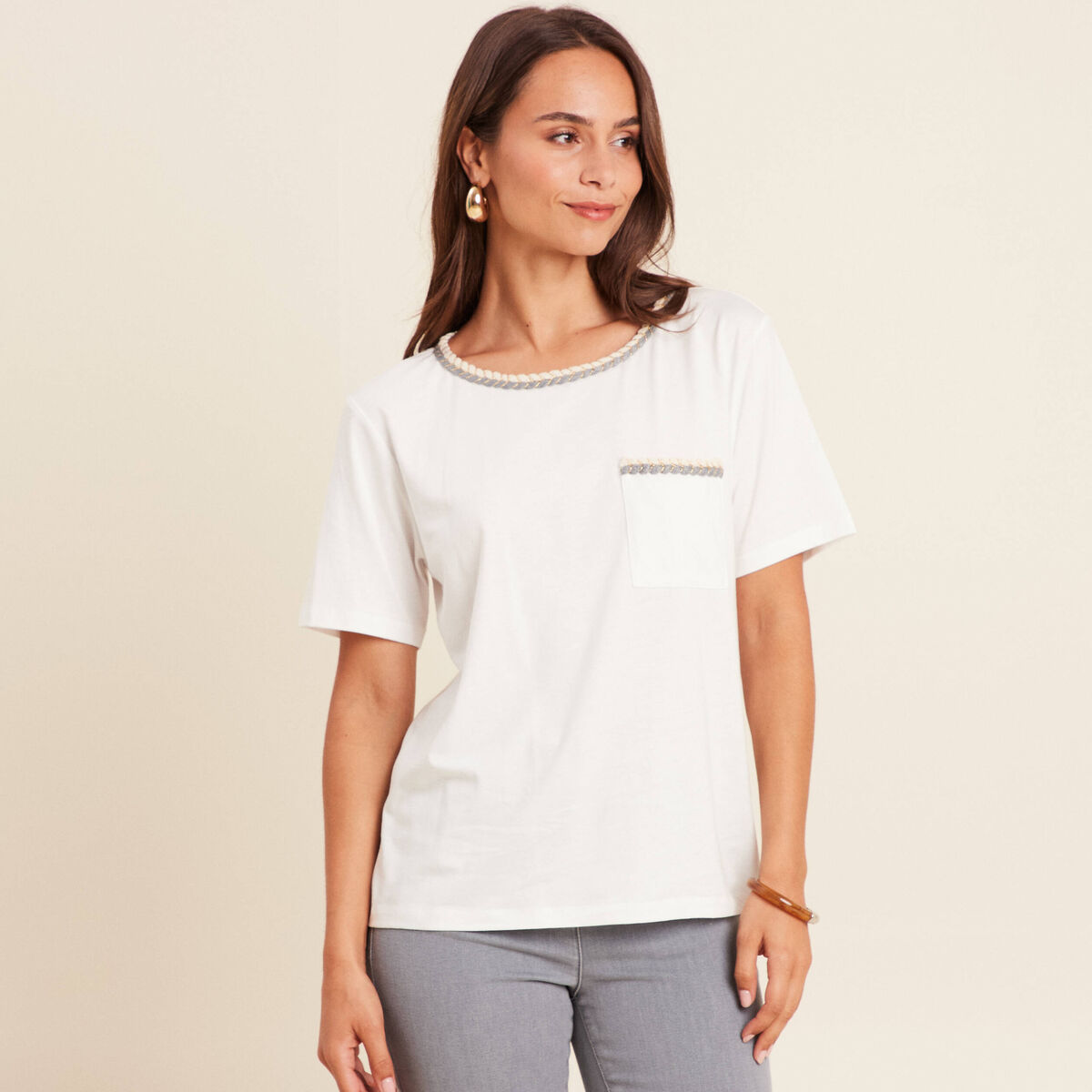 T-shirt col rond manches coudes tressé ecru femme