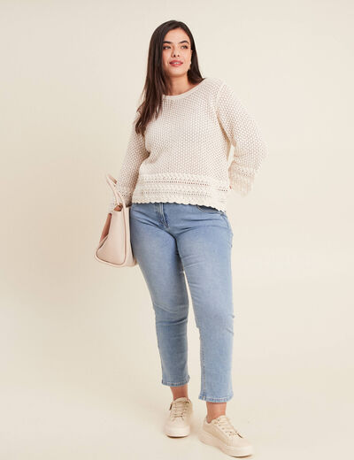 Pull manches 3/4 ajouré ecru femme
