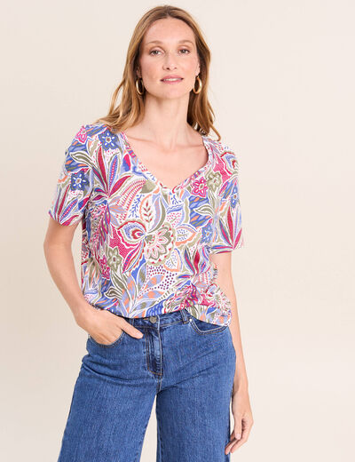 T-shirt col V manches courtes mauve femme