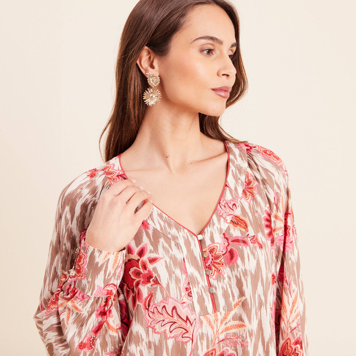 Blouse col v manches longues rose femme