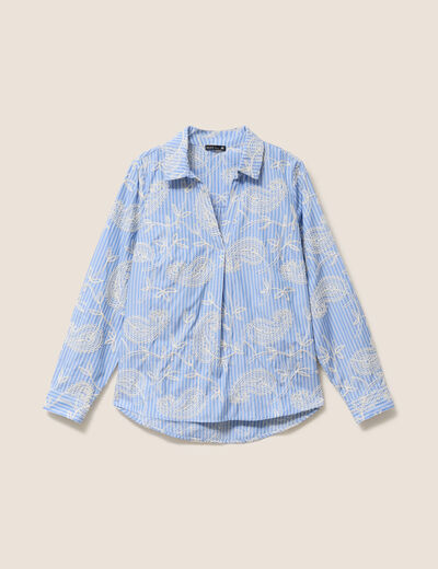 Blouse ample manches longues brod&eacute;e bleu ciel femme