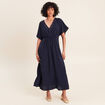 Robe longue &eacute;vas&eacute;e col v manches coudes bleu marine femme