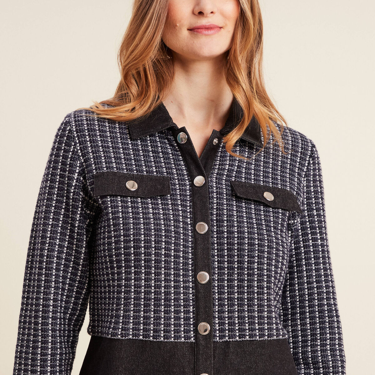 Robe droite buste tweed noir femme