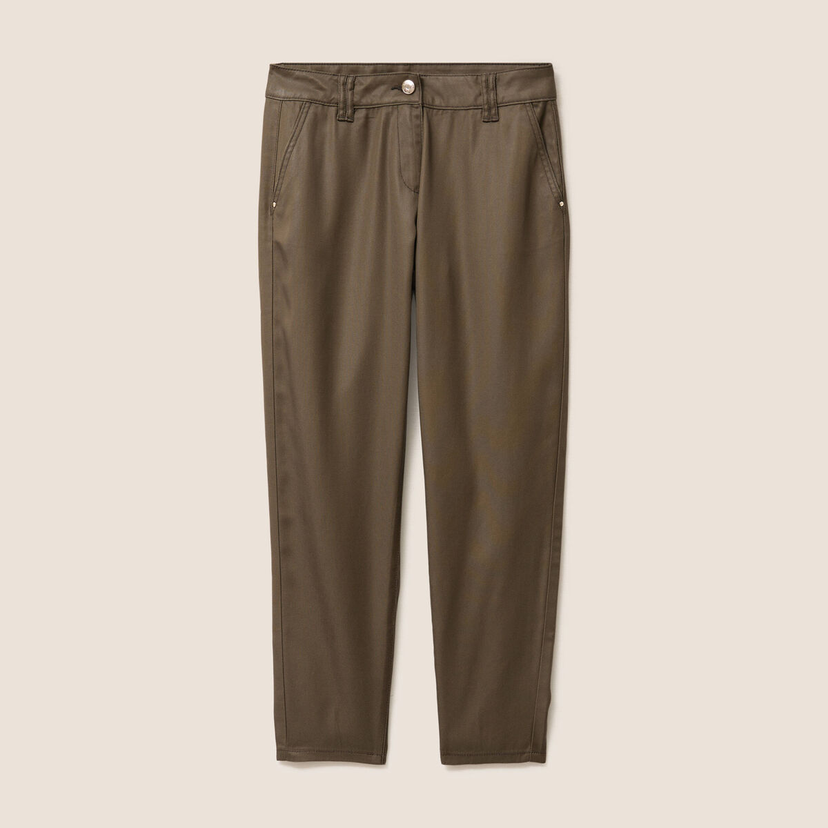 Pantalon coupe chino 7/8&egrave;me effet enduit vert kaki femme