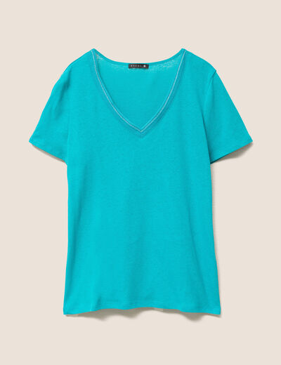 T-shirt manches courtes col en V vert turquoise femme