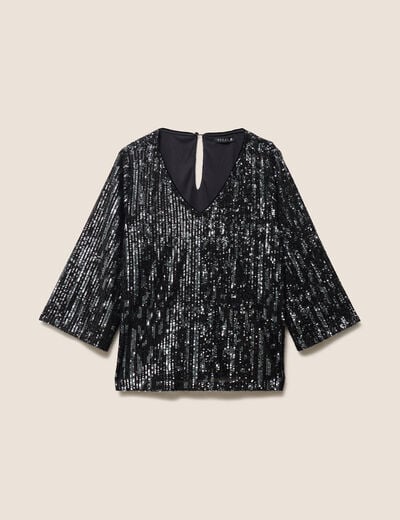 Blouse col v manches 3/4 &agrave; sequins gris fonc&eacute; femme