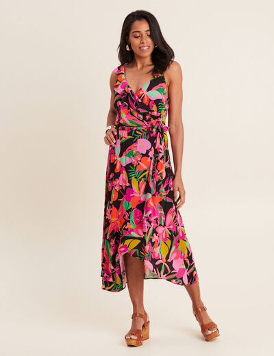 Robe longue portefeuille rose fushia femme