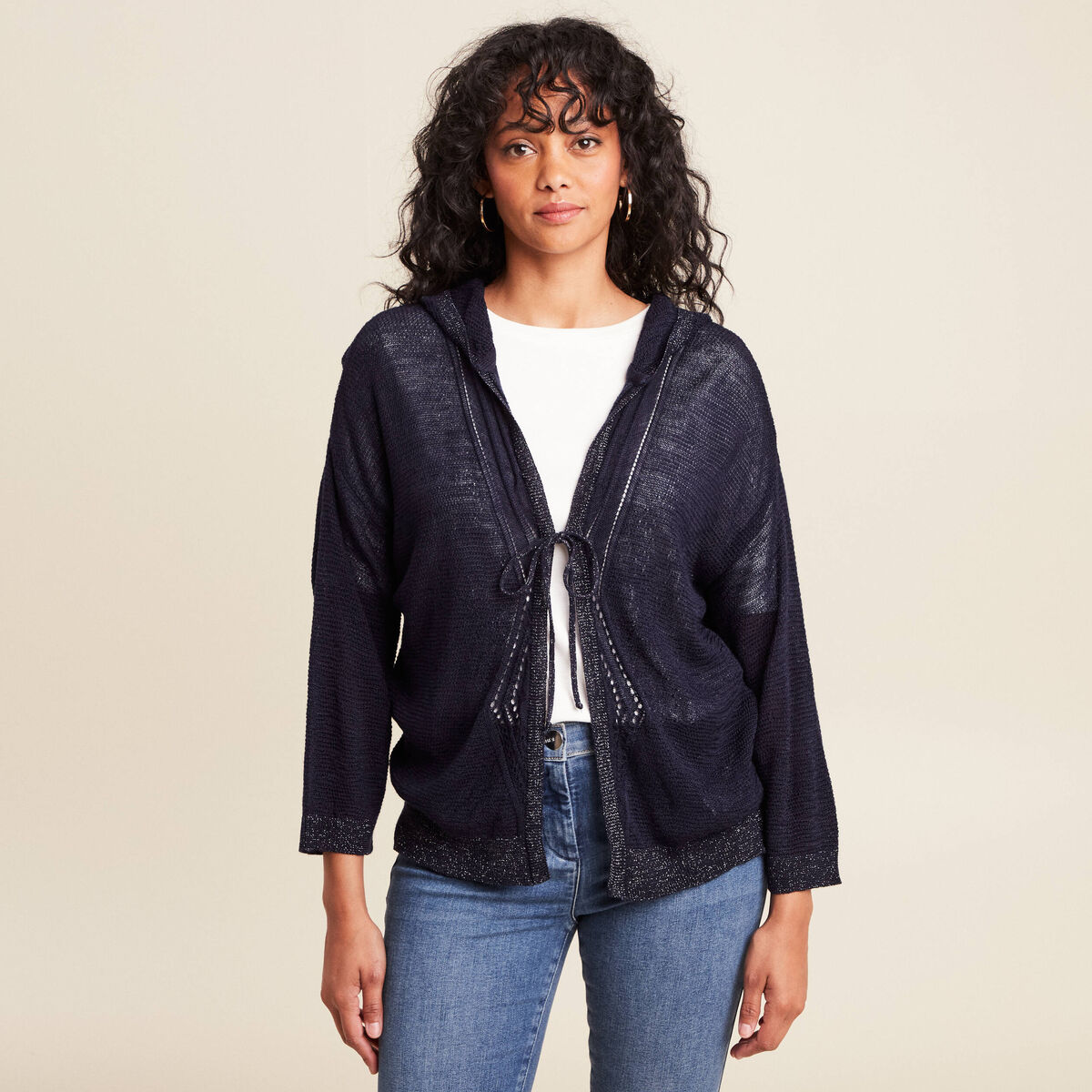 Gilet droit mi-long à capuche bleu marine femme