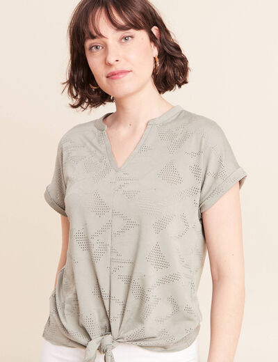 T-shirt col tunisien manches courtes vert clair femme