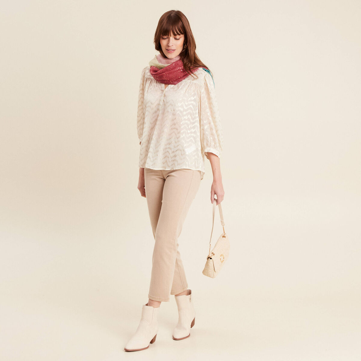 Jean coupe droite 7/8&egrave;me denim beige femme