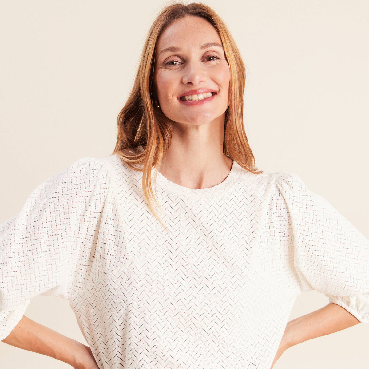 Blouse droite col rond manches 3/4 ecru femme