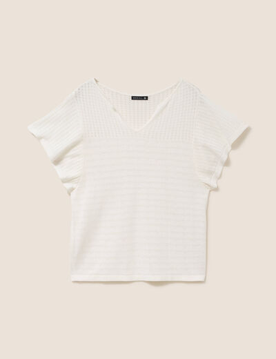 Pull col tunisien manches courtes ecru femme