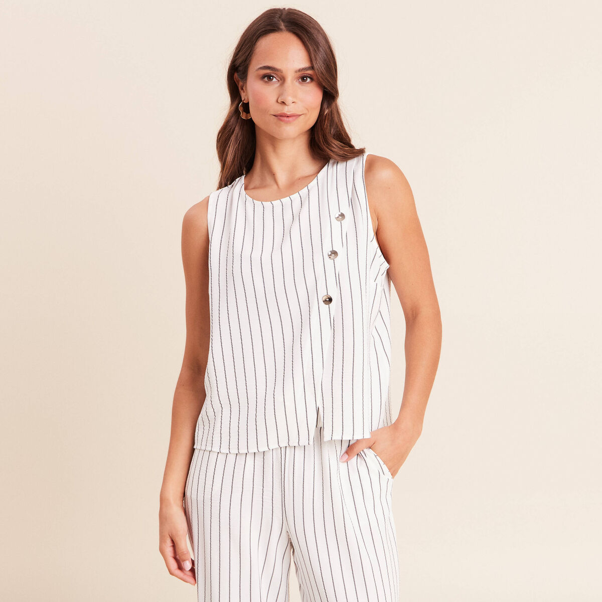 Blouse droite courte sans manches gris fonc&eacute; femme