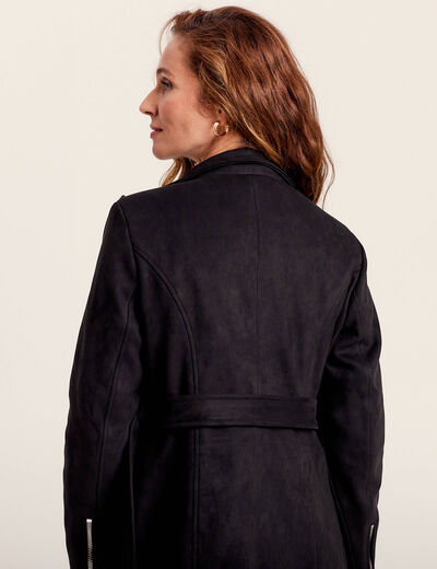 Manteau cintré suédine capuche noir femme