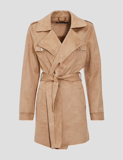 Trench droit effet suédine marron femme