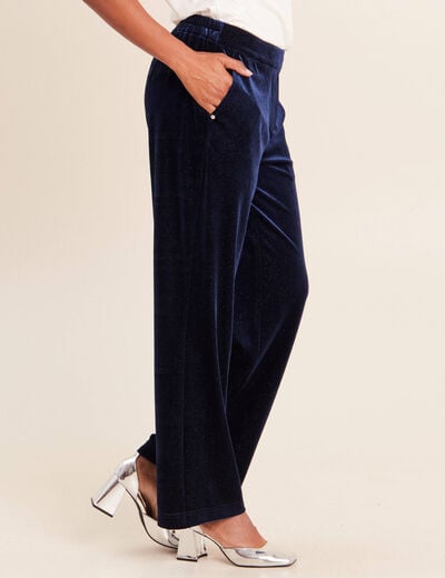 Pantalon large taille haute &agrave; paillettes bleu fonc&eacute; femme