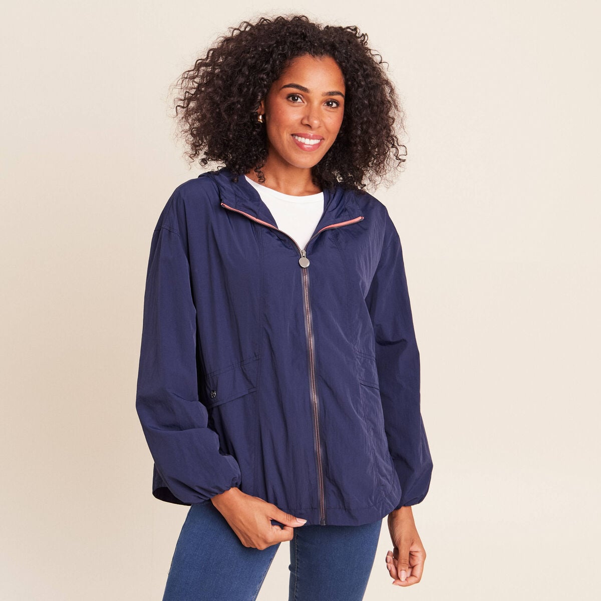 Parka ample doubl&eacute;e avec capuche bleu marine femme
