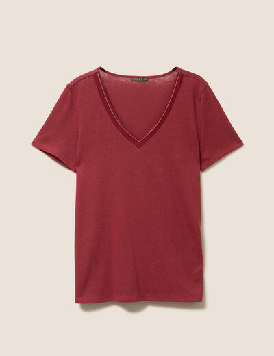 T-shirt manches courtes col en V bordeaux femme