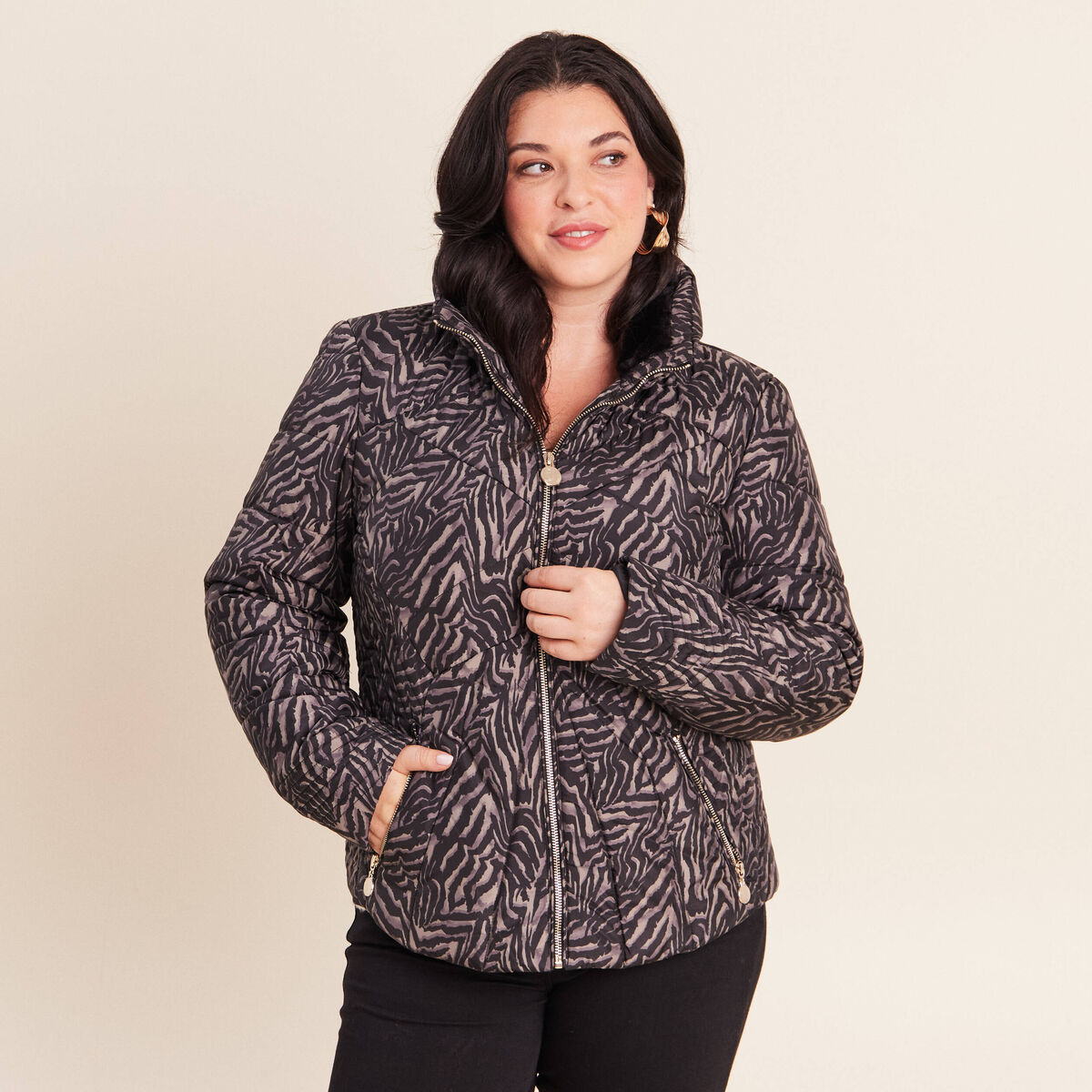 Doudoune d&eacute;perlante droite zipp&eacute;e noir femme