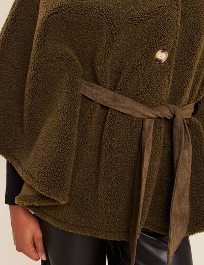 Poncho boutonn&eacute; ceintur&eacute; vert kaki femme