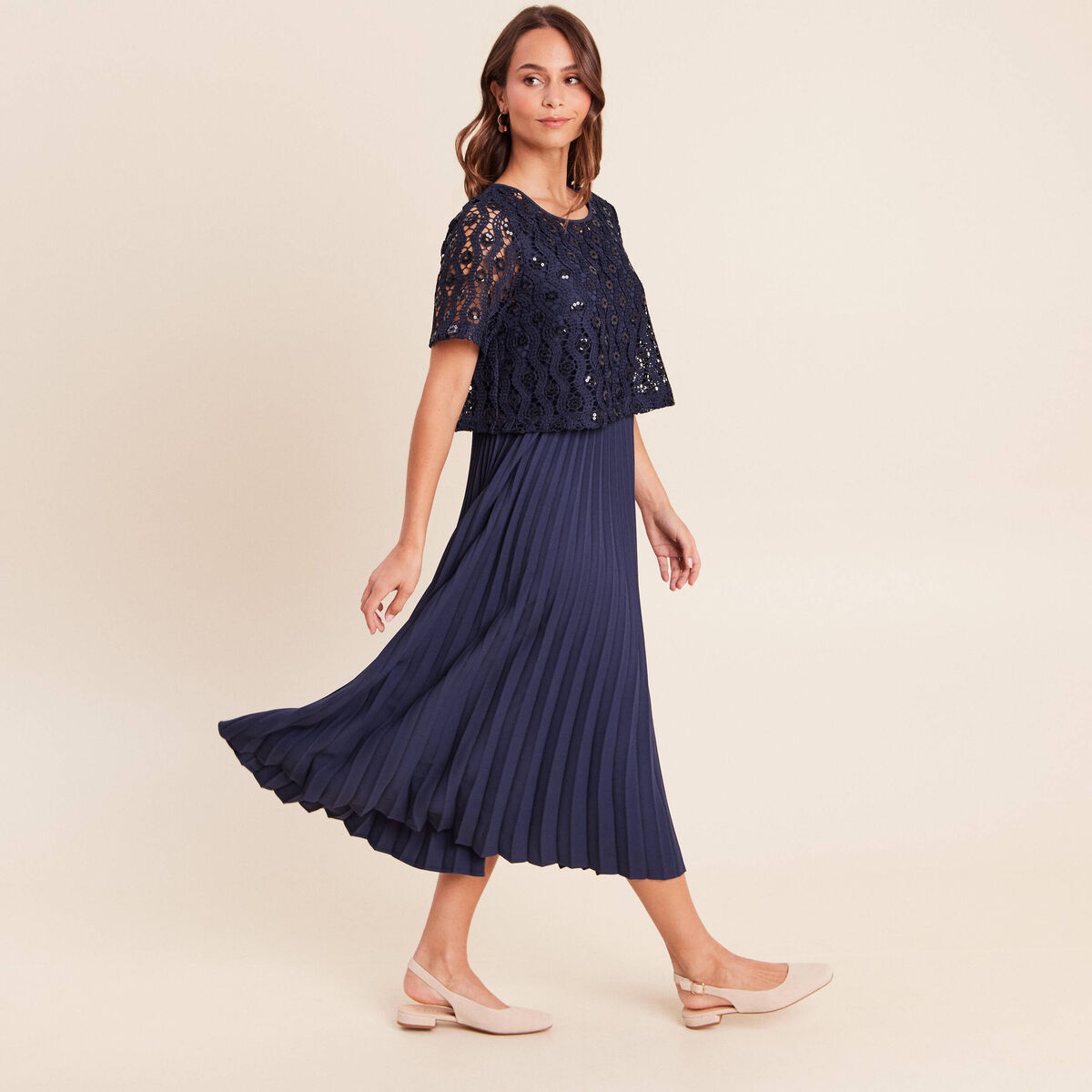 Robe 2 en 1 pliss&eacute;e col rond bleu marine femme