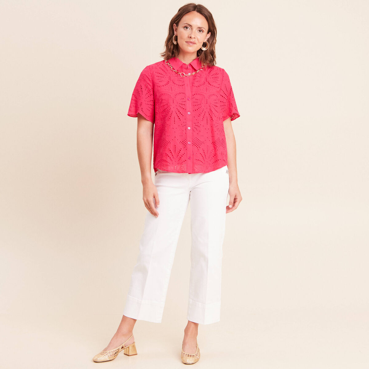Chemise manches courtes brod&eacute;e rose fushia femme