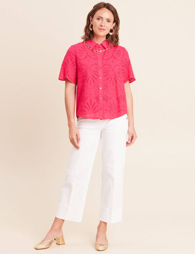 Chemise manches courtes brod&eacute;e rose fushia femme