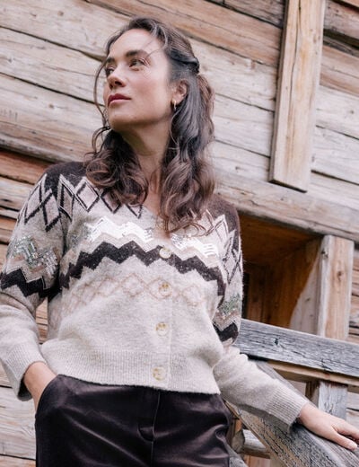 Cardigan jacquard col rond marron femme