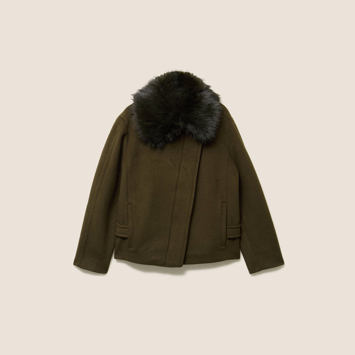 Manteau manches longues col fourrure vert kaki femme