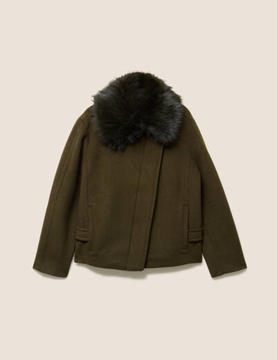 Manteau manches longues col fourrure vert kaki femme