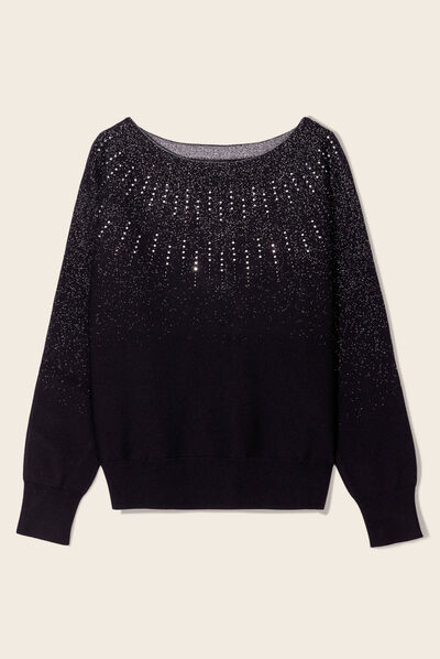 Pull manches longues à strass noir femme